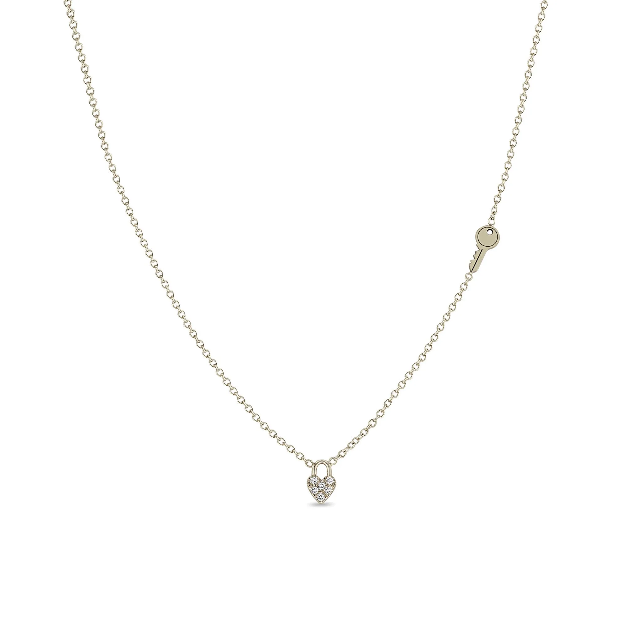 14k Itty Bitty Pavé Diamond Heart Padlock Necklace with Off-Set Key