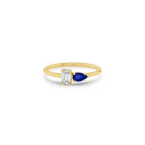 14k Pear Blue Sapphire & Emerald Cut Diamond Ring