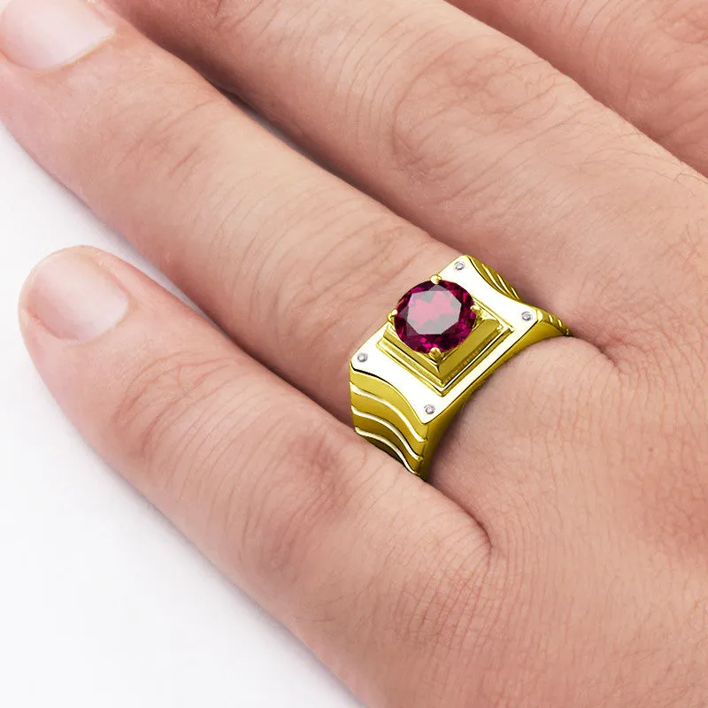 14k Yellow Gold Men's Ring with Ruby Gemstone and Natural Diamonds