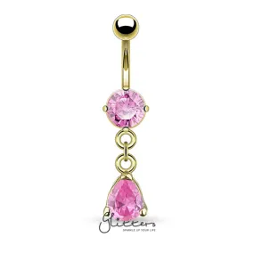 14kt Gold Ion Plated Pink Teardrop Shaped Cubic Zirconia Dangle Belly Button Ring