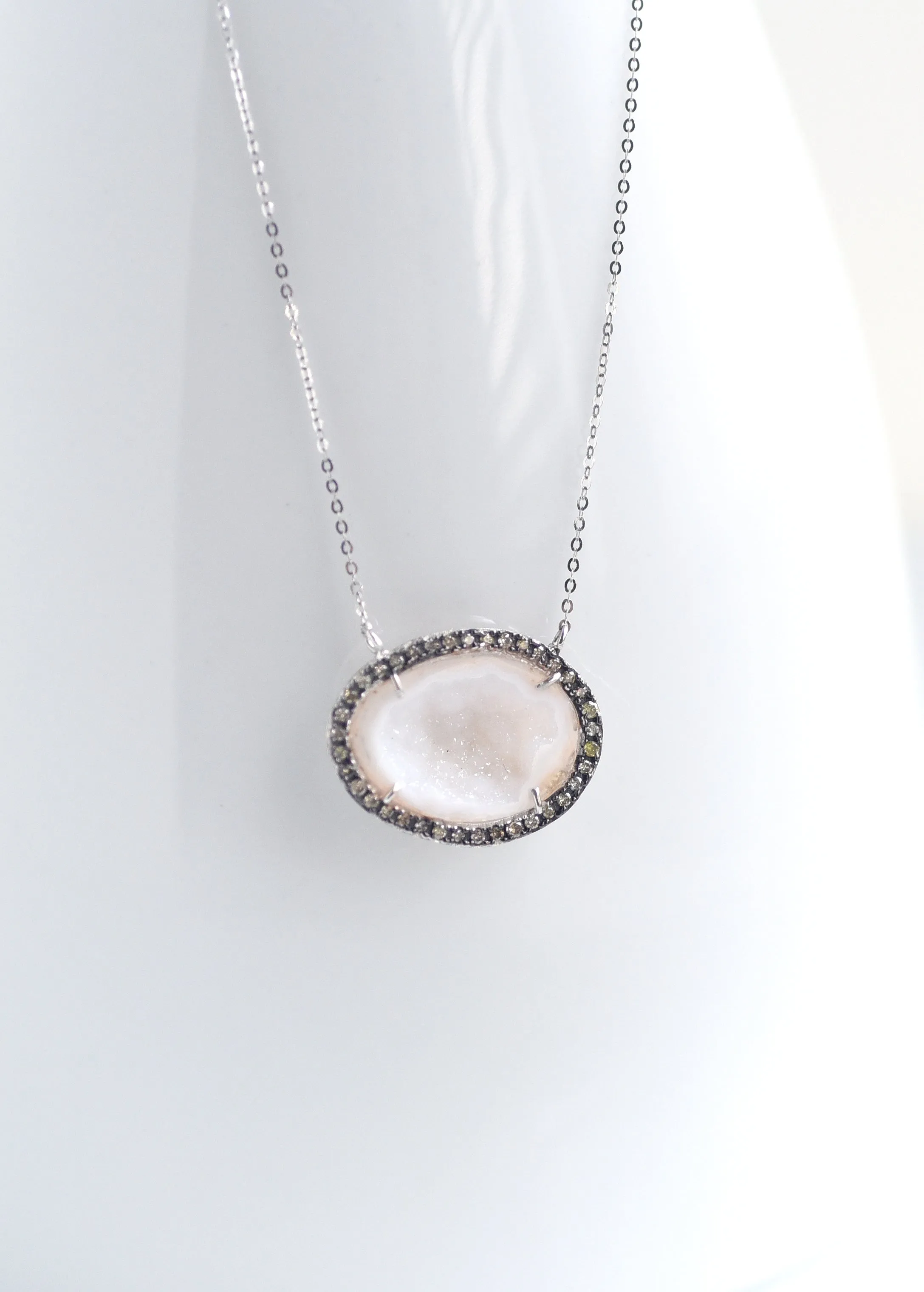 18K  White Gold Geode Necklace with Pave champagne color Diamond