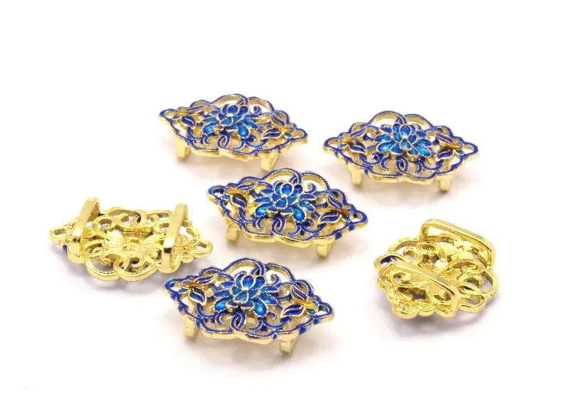 2 Blue Enameled Brass Sew on Connector Beads, Bracelet Component, Findings (31x22mm)   BRC231