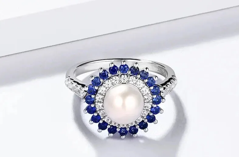 7mm Freshwater Pearl and Sapphire 925 Sterling Silver Ring