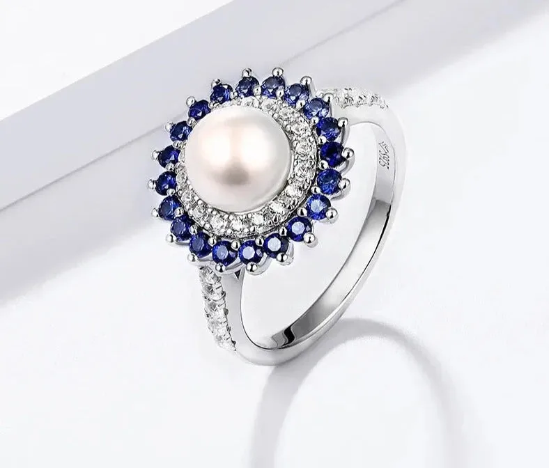 7mm Freshwater Pearl and Sapphire 925 Sterling Silver Ring