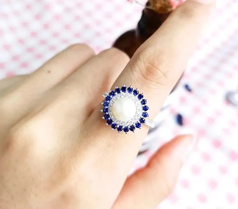 7mm Freshwater Pearl and Sapphire 925 Sterling Silver Ring