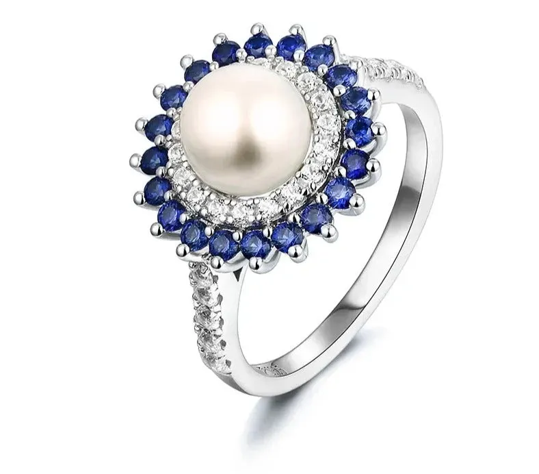 7mm Freshwater Pearl and Sapphire 925 Sterling Silver Ring