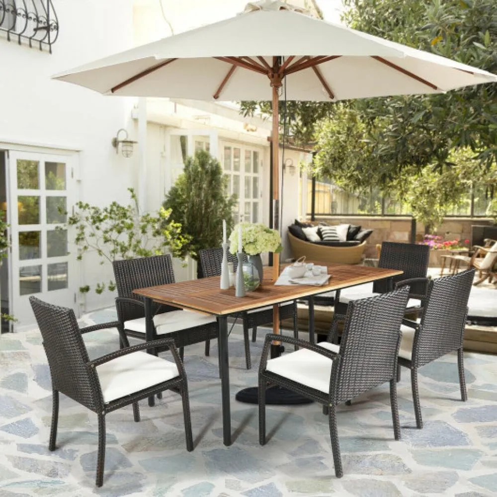 7Pcs Patio Rattan Cushioned Dining Set with Umbrella Hole-Turquoise