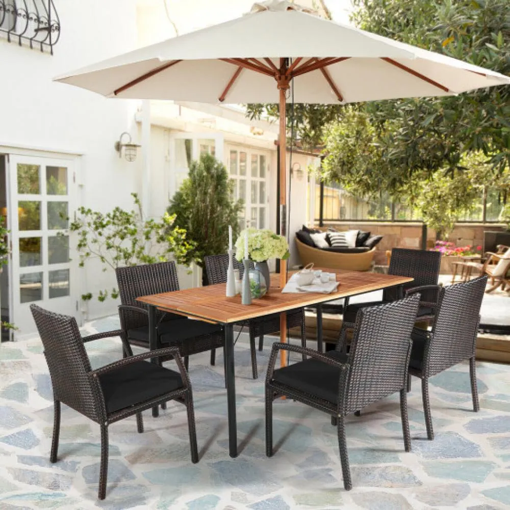 7Pcs Patio Rattan Cushioned Dining Set with Umbrella Hole-Turquoise