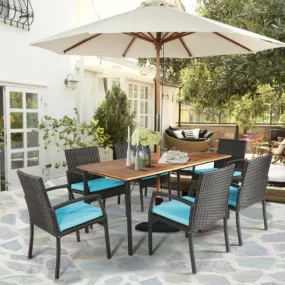 7Pcs Patio Rattan Cushioned Dining Set with Umbrella Hole-Turquoise