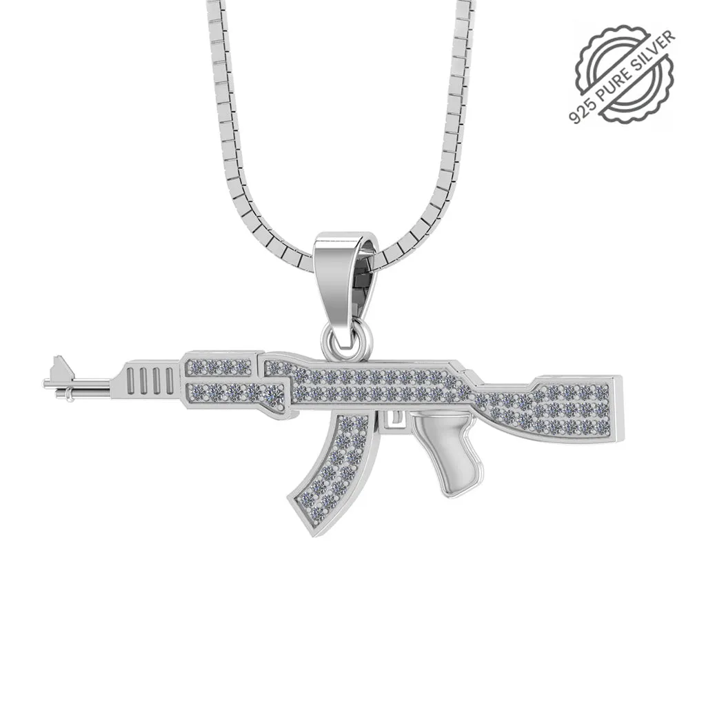 925 Pure Silver AK47 Gun White Iced  Pedant For Mens with Chain