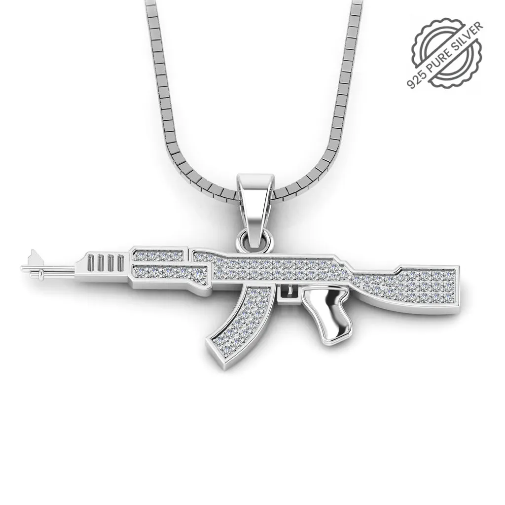 925 Pure Silver AK47 Gun White Iced  Pedant For Mens with Chain