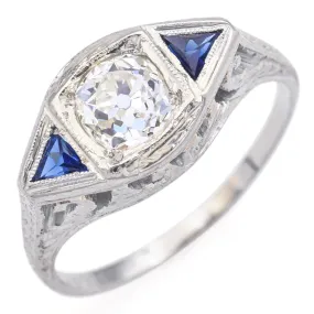 Belais Antique Art Deco 18K White Gold Lab Sapphire & 0.50ct Diamond Band Ring