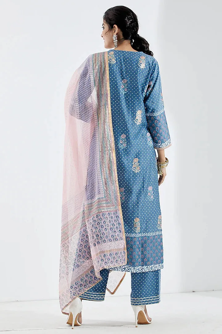 Blue Foil Printed Kurta Set