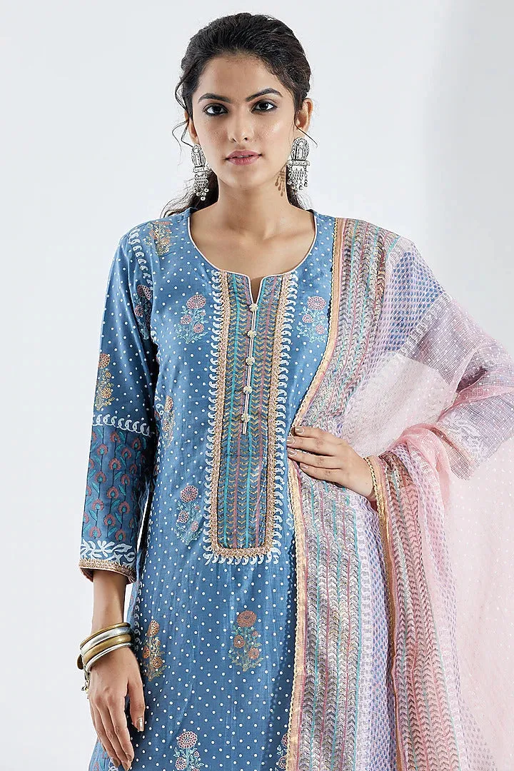 Blue Foil Printed Kurta Set