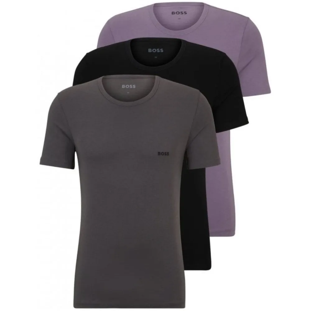 BOSS Set of 3 Black/Purple/Charcoal Embroidered Logo Classic Crew Neck T-shirts UK L