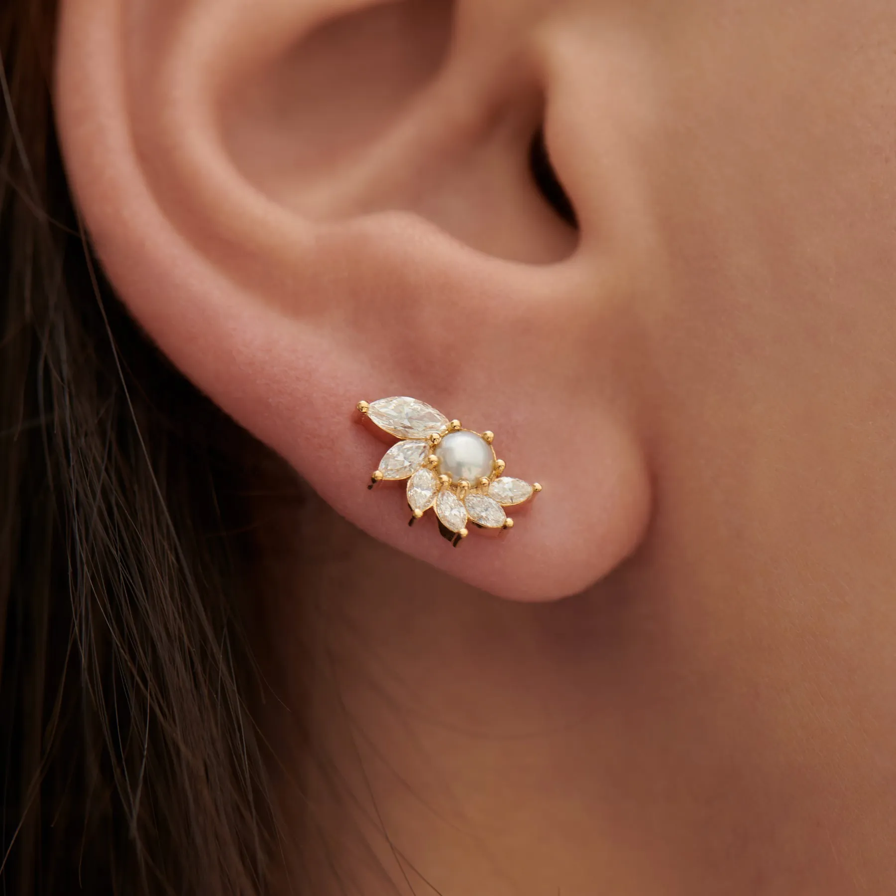 Camellia Diamond & Pearl Stud Earrings