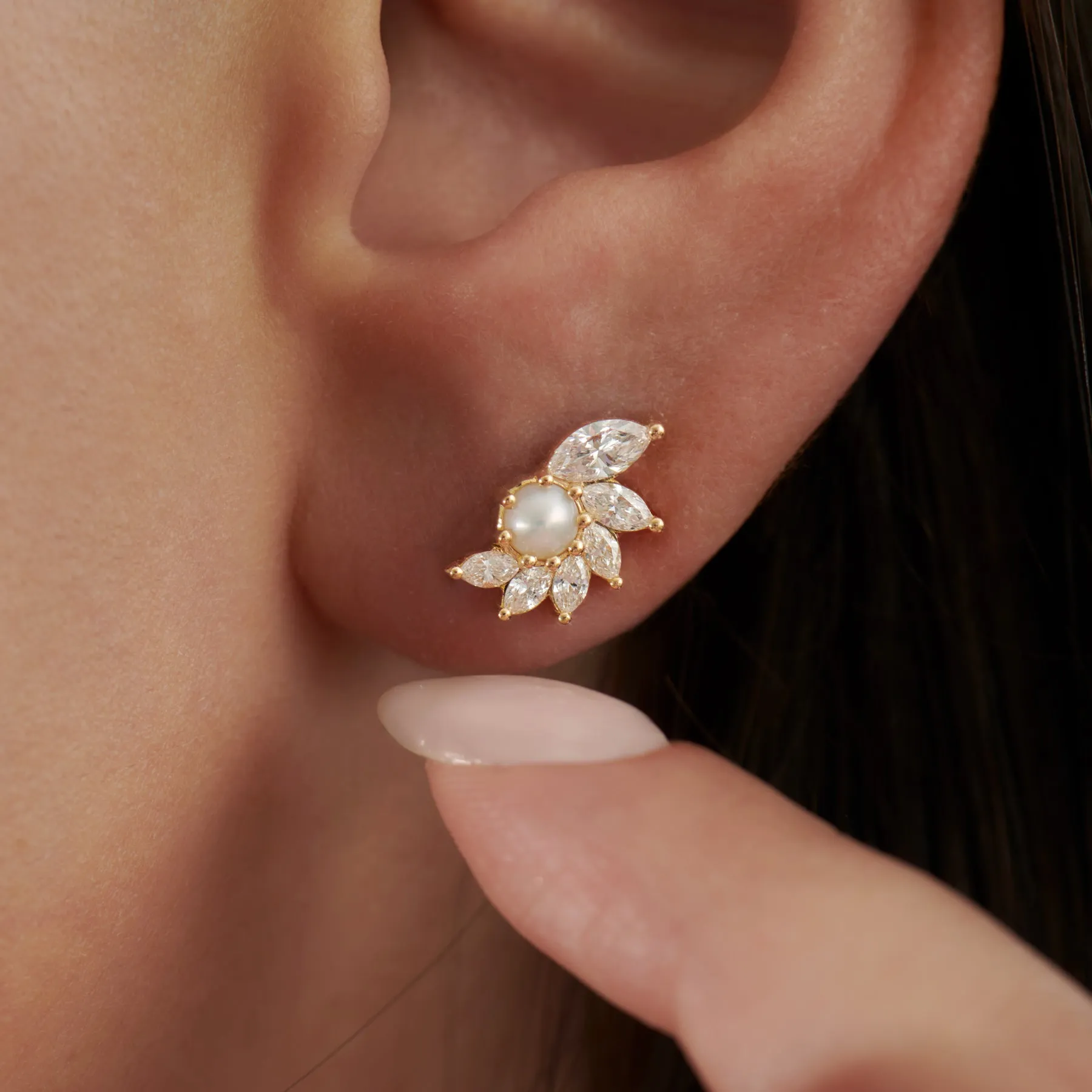 Camellia Diamond & Pearl Stud Earrings