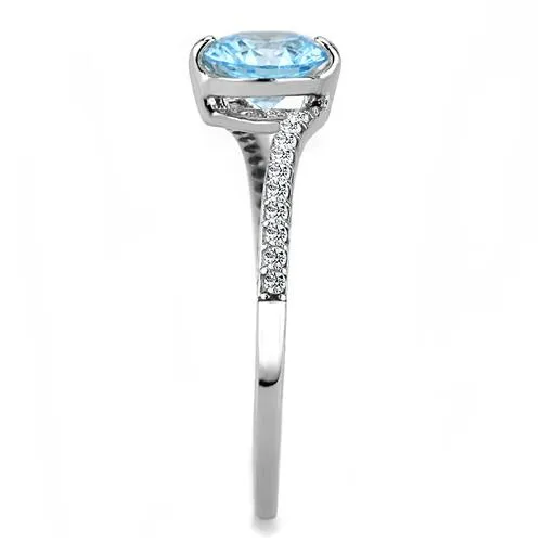 DA014 High polished (no plating) Stainless Steel Ring with AAA Grade CZ in Sea Blue