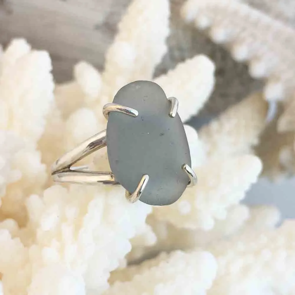 Dove Gray Sea Glass Ring in Sterling Silver Size 7 | #7010