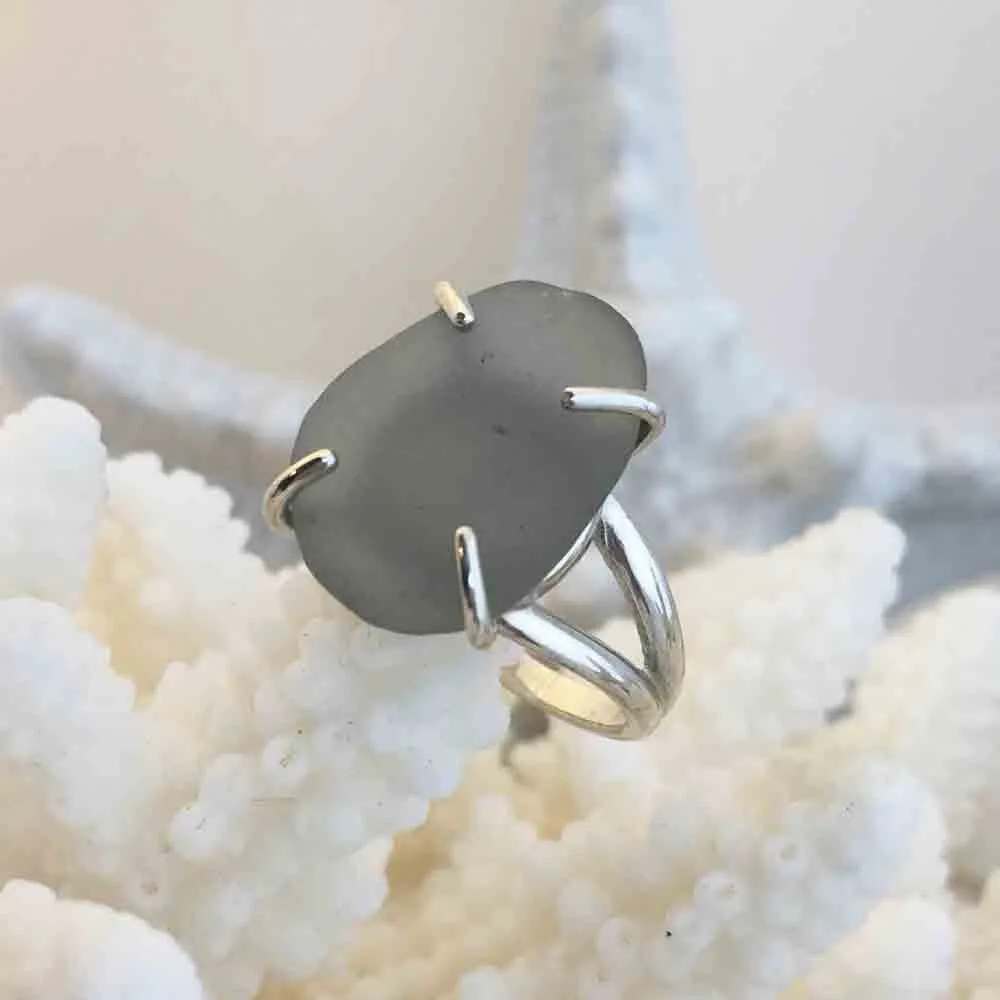 Dove Gray Sea Glass Ring in Sterling Silver Size 7 | #7010