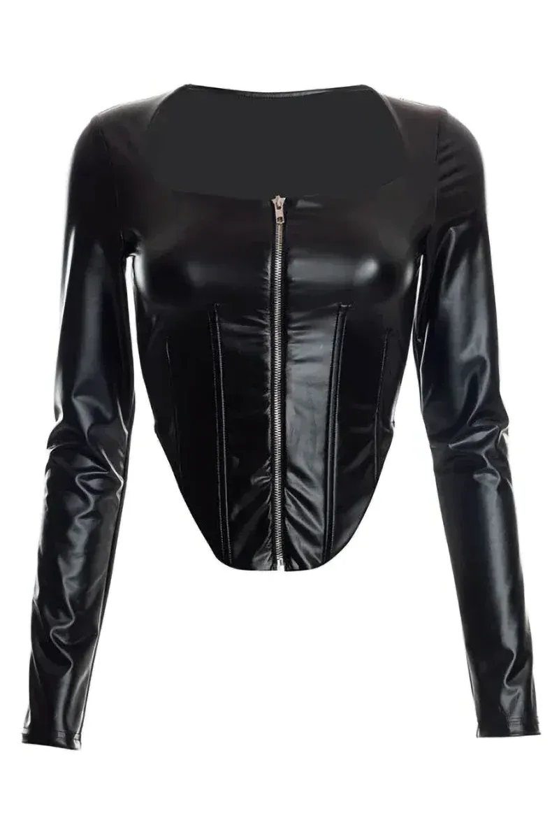 Faux Leather Long Sleeve Corset Top In Black