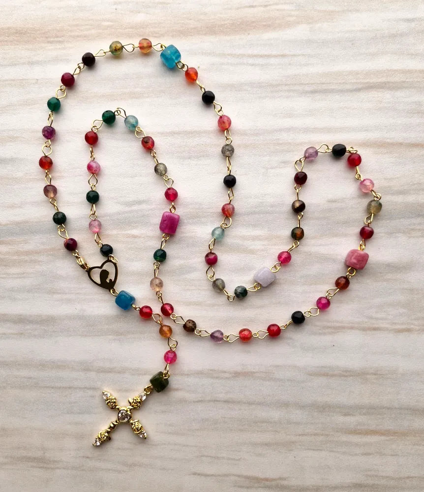 Gemstone Rosary with Cubic Zirconia Metal Cross Necklace