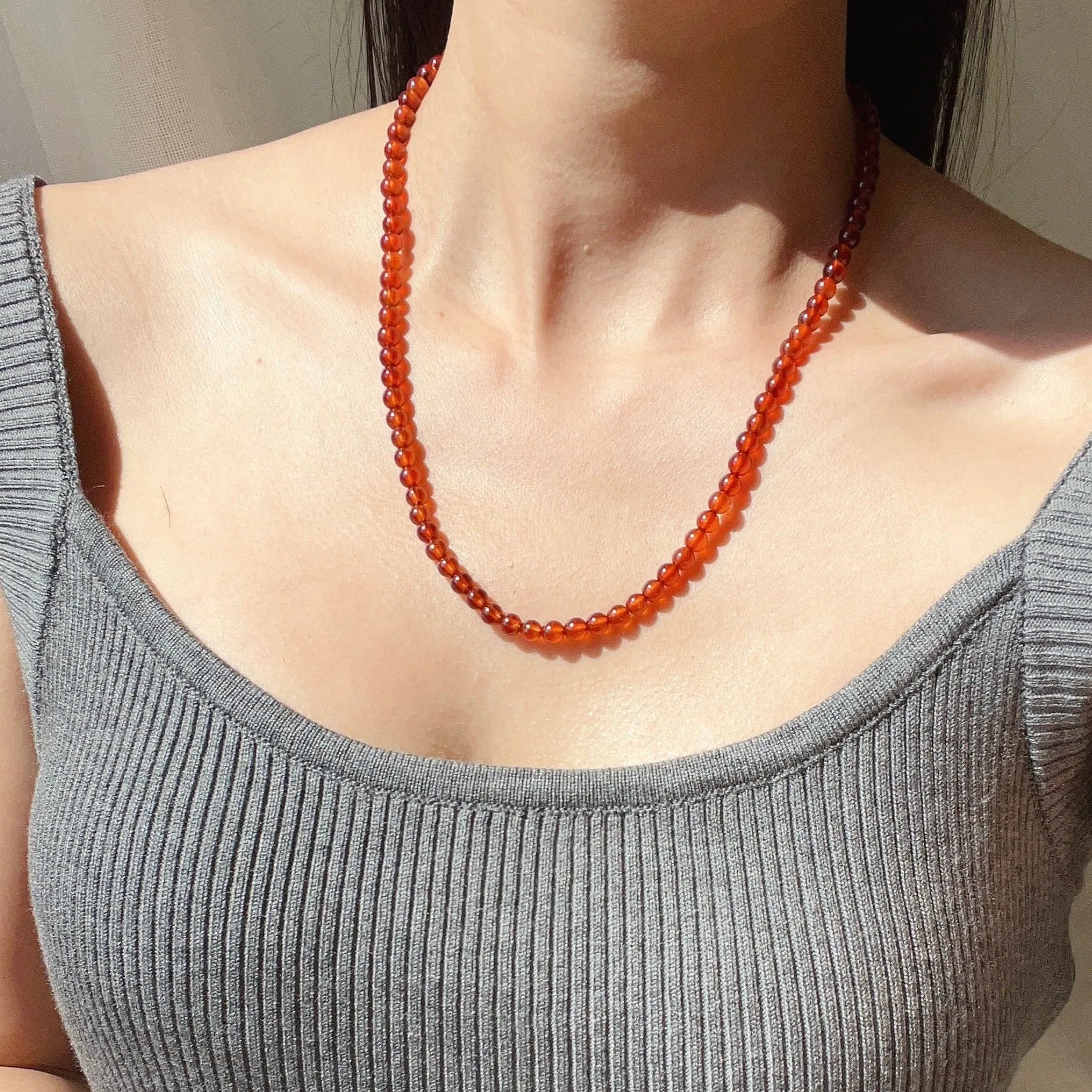 Handmade Natural Spessartine Garnet Beaded Necklace with 925 Sterling Silver Screw Lock