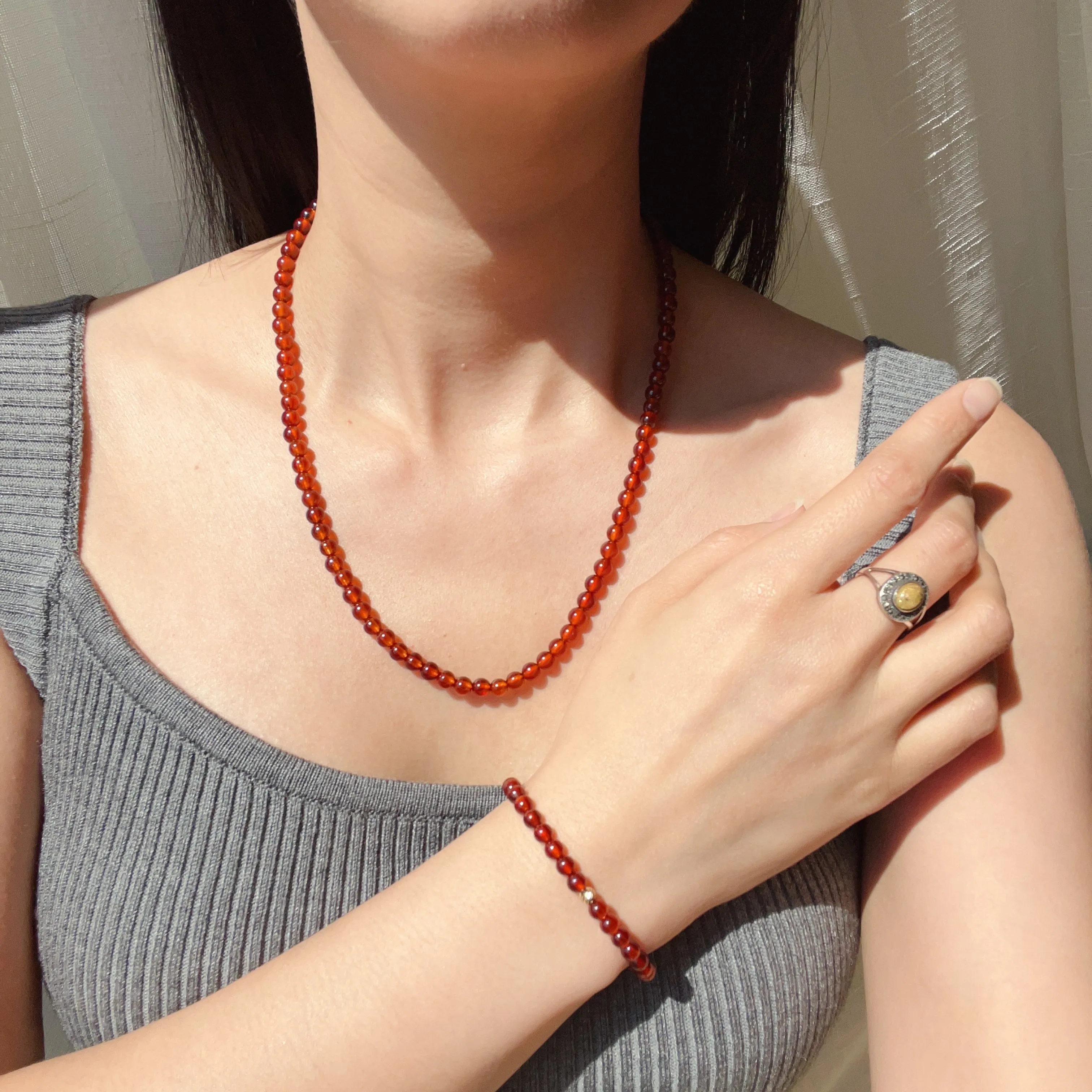 Handmade Natural Spessartine Garnet Beaded Necklace with 925 Sterling Silver Screw Lock