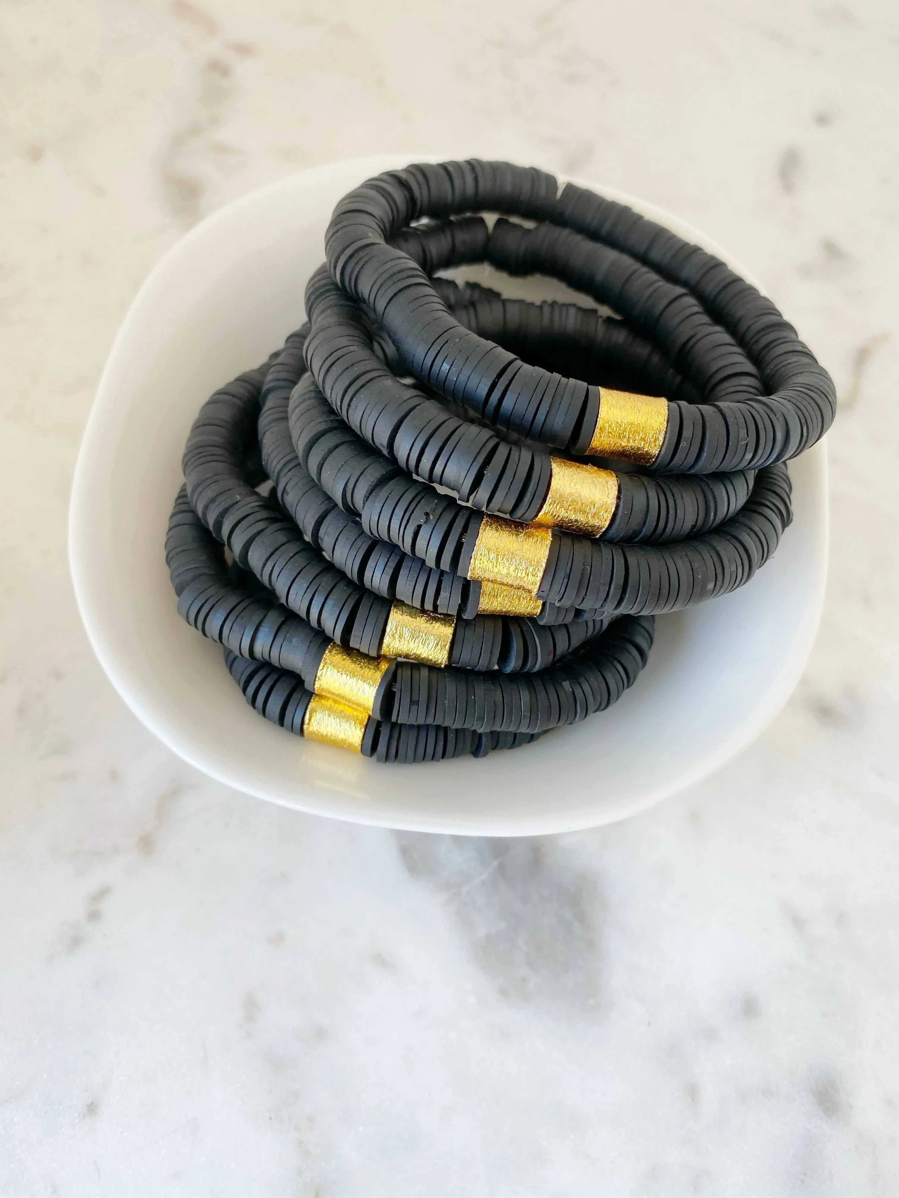 Heishi Color Pop Bracelet in Black with Gold Barrel