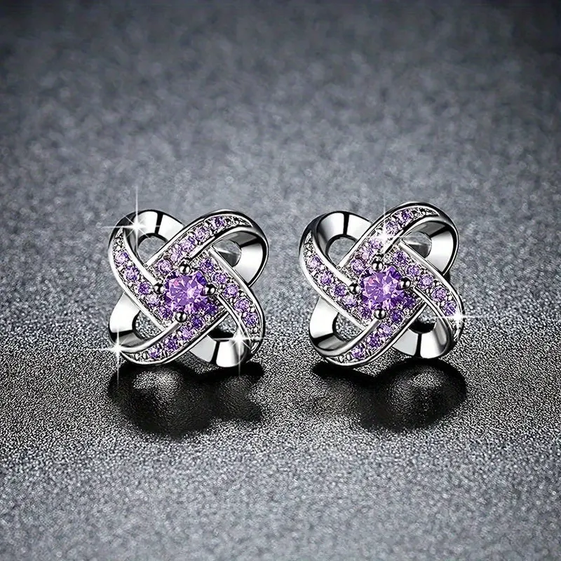 Hollow Silvery Stud Earrings With Purple Shiny Zircon Decor Retro Bohemian Style Zinc Alloy Silver Plated Jewelry Daily Casual