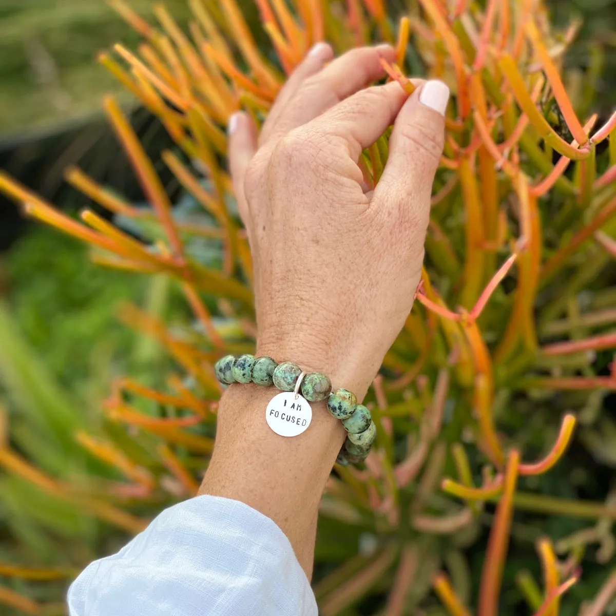 I am Focused Affirmation Bracelet with African Turquoise for Deeper Understanding of Life