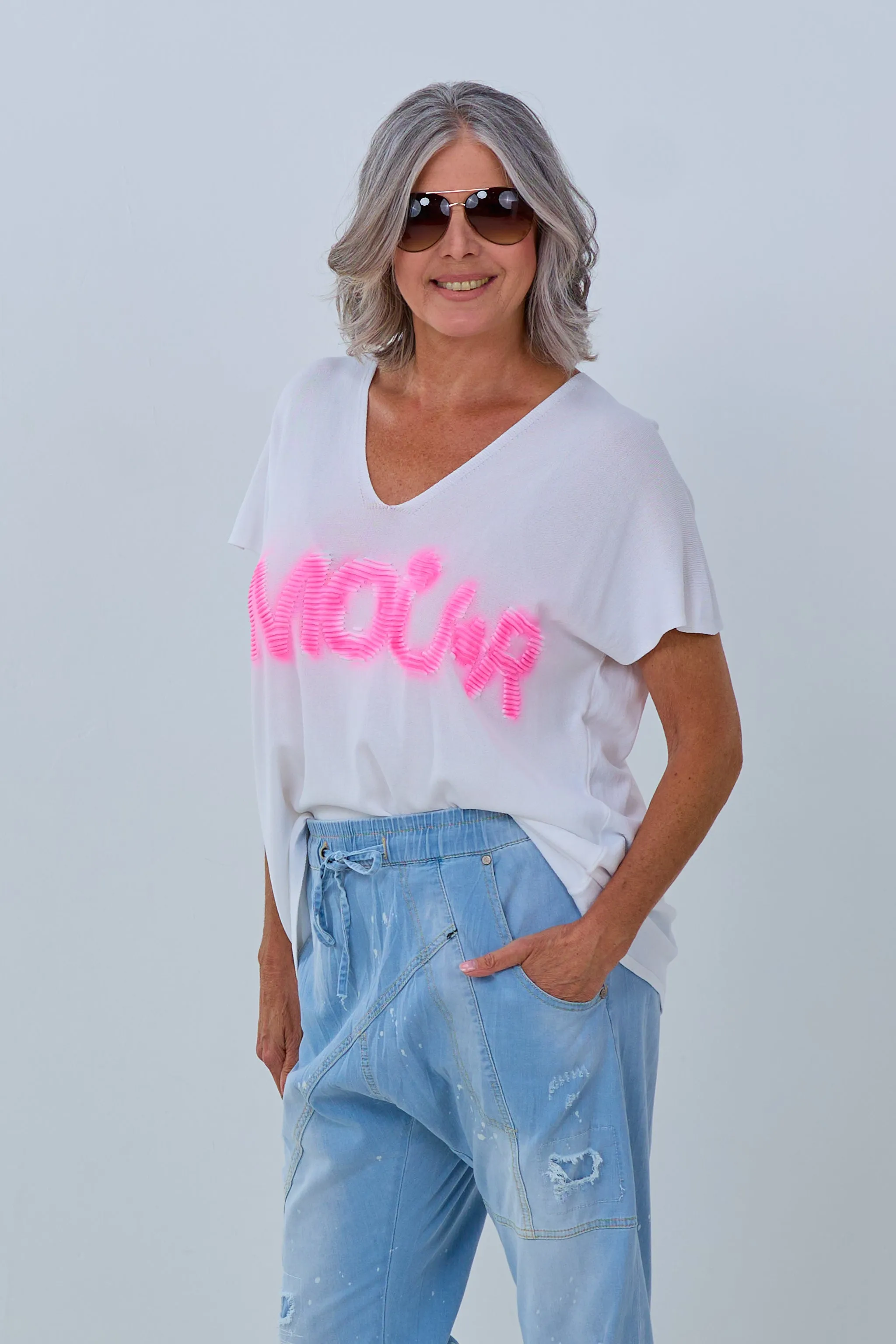 Kurzarm Shirt mit Amour-Schriftzug, weiß-pink