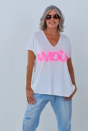 Kurzarm Shirt mit Amour-Schriftzug, weiß-pink