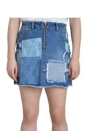 Lace Patch Blue Denim Raw Hem Mini Skirt