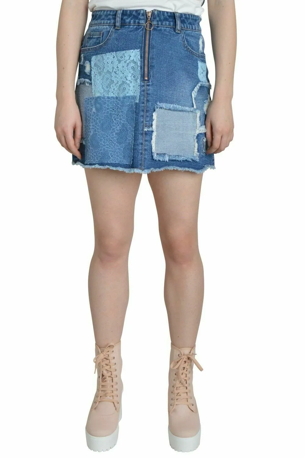 Lace Patch Blue Denim Raw Hem Mini Skirt