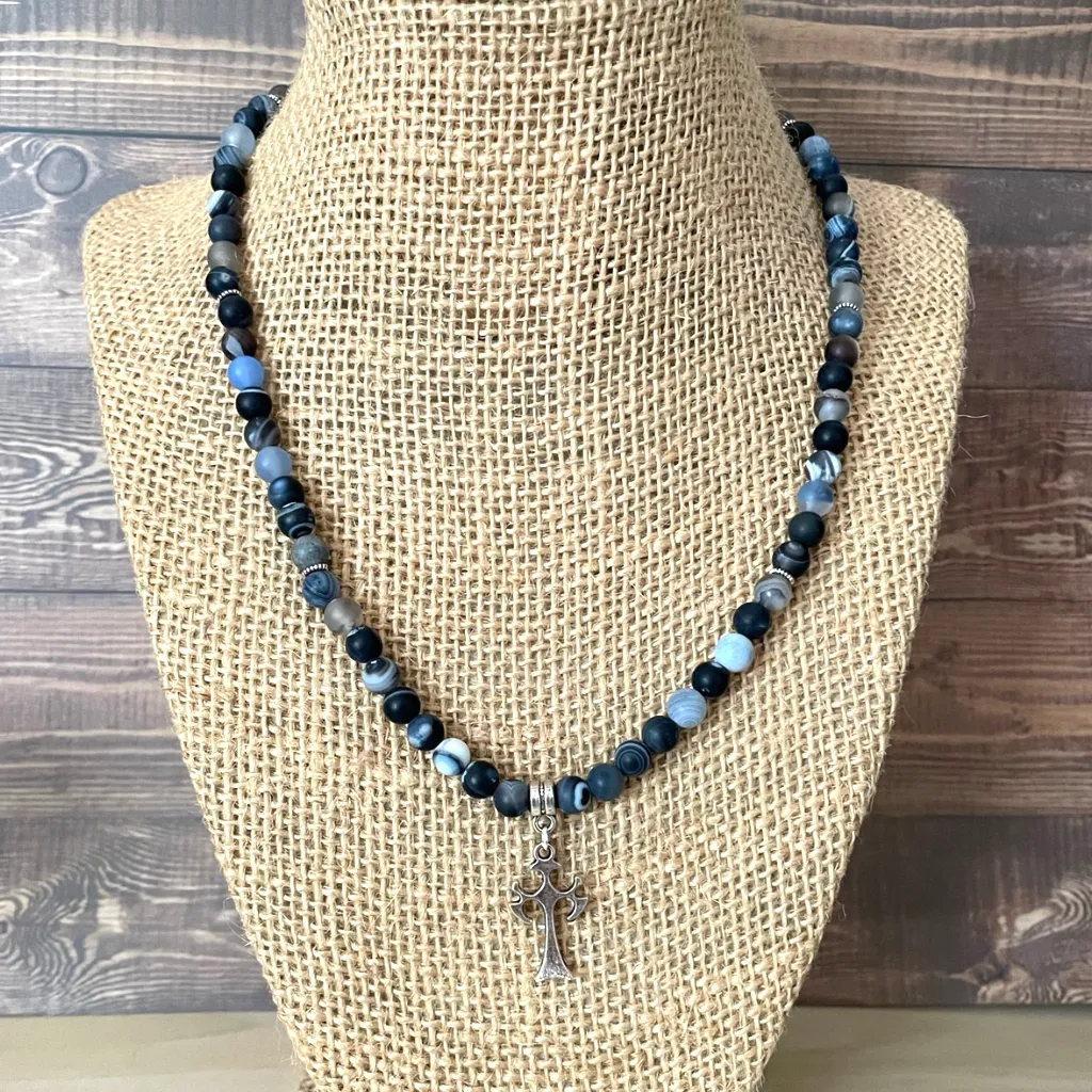 Mens Matte Blue Storm Line Agate Silver Cross Necklace