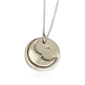 NS6 - Sterling Silver Man in the Moon Necklace w Diamond. 3/4" Disc; 16" SS Chain