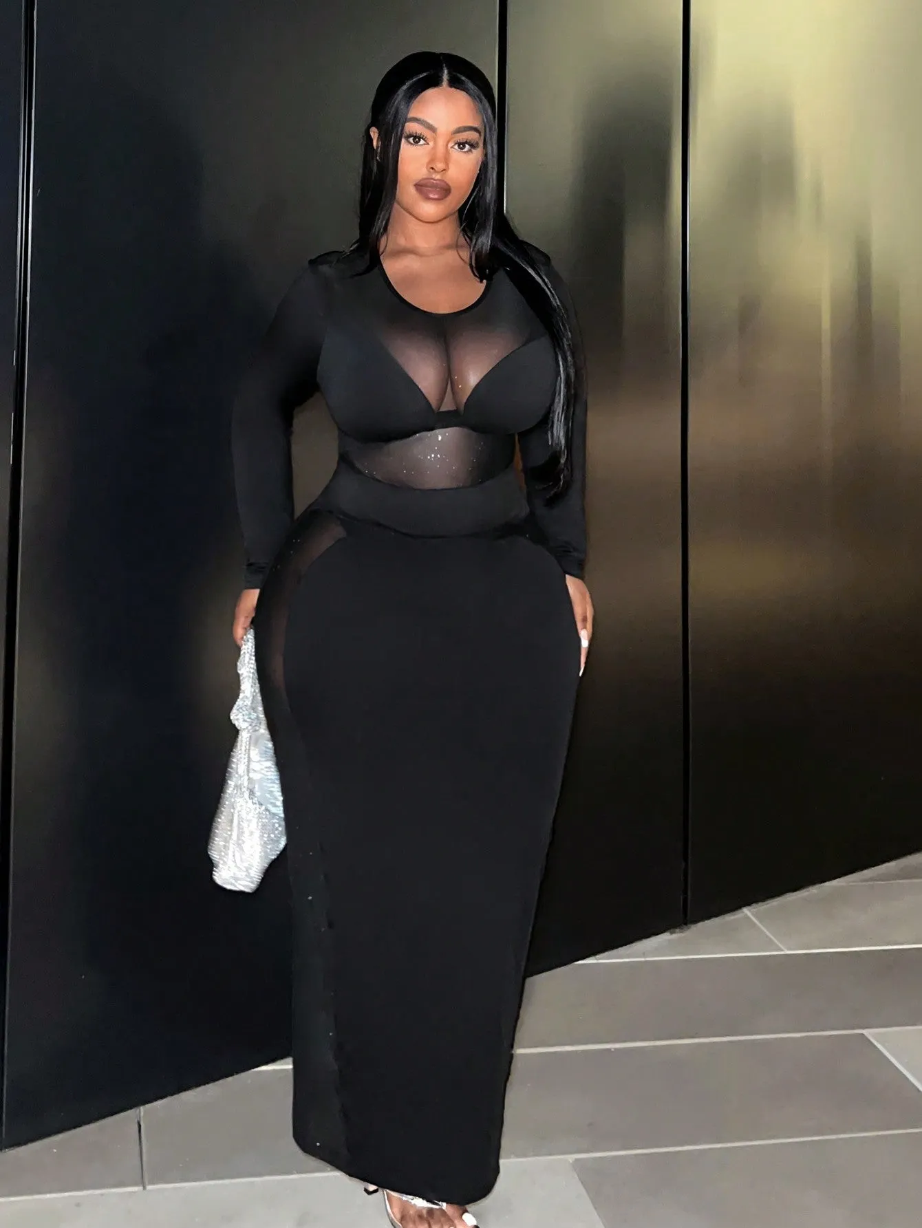 Plus High Waist Mesh Pencil Dress