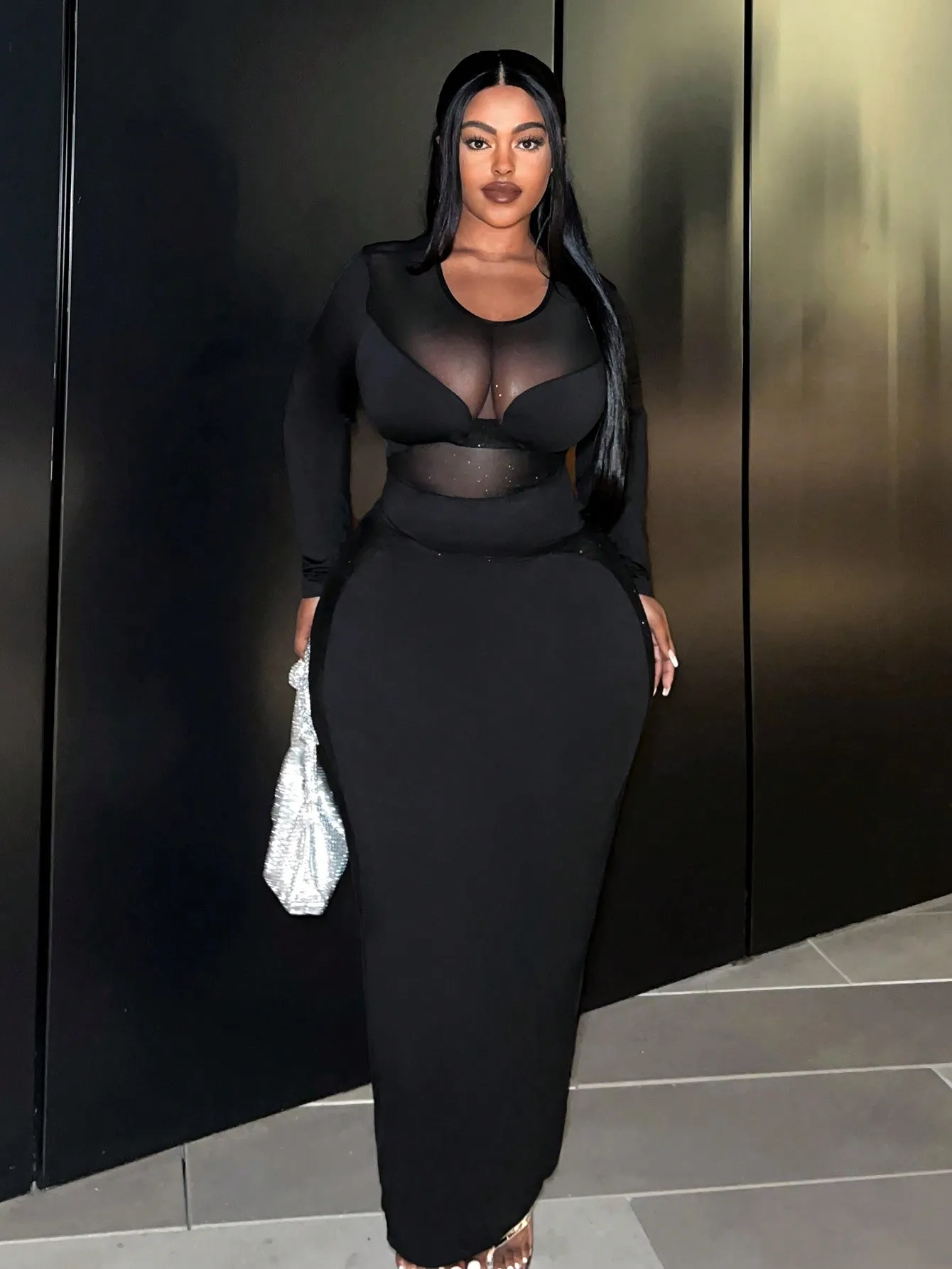 Plus High Waist Mesh Pencil Dress