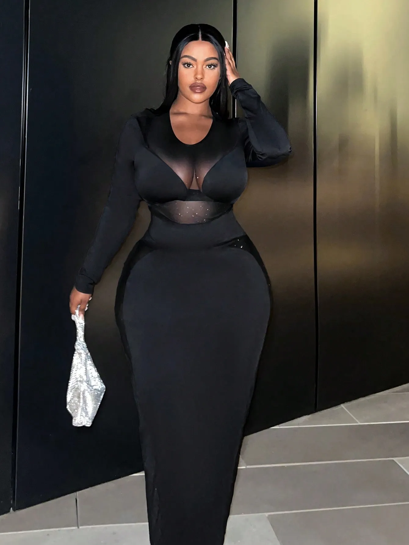 Plus High Waist Mesh Pencil Dress