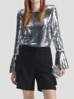 Silver Sequin Flared Sleeve Top