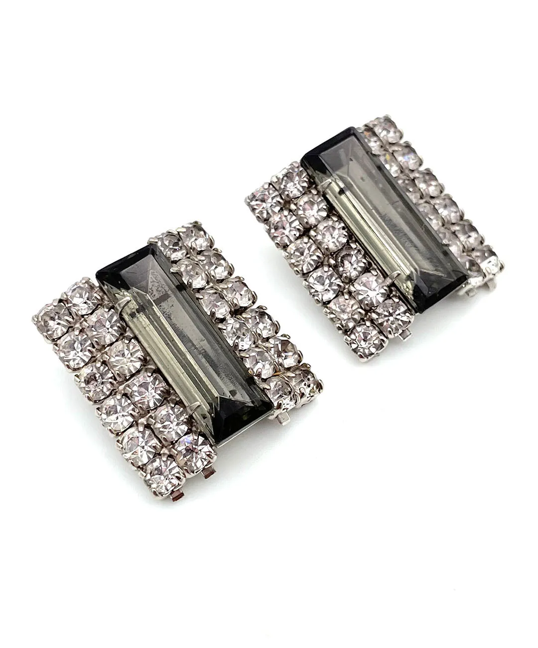 【USA輸入】ヴィンテージ スクエア グレー クリスタル ビジュー イヤリング/Vintage Gray Crystal Bijou Clip On Earrings