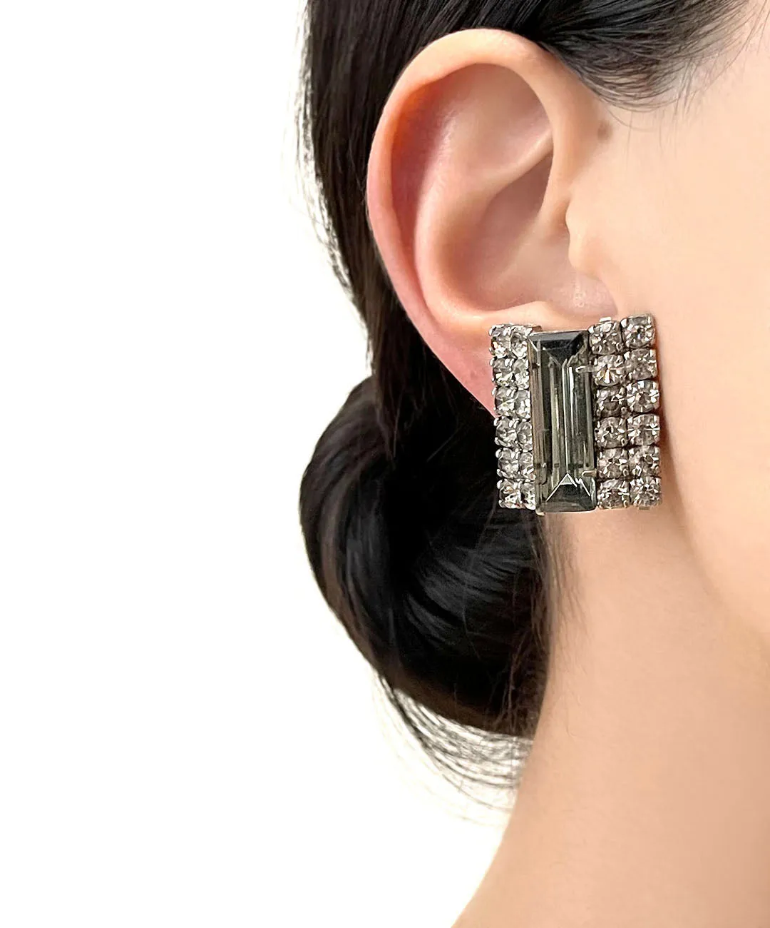 【USA輸入】ヴィンテージ スクエア グレー クリスタル ビジュー イヤリング/Vintage Gray Crystal Bijou Clip On Earrings