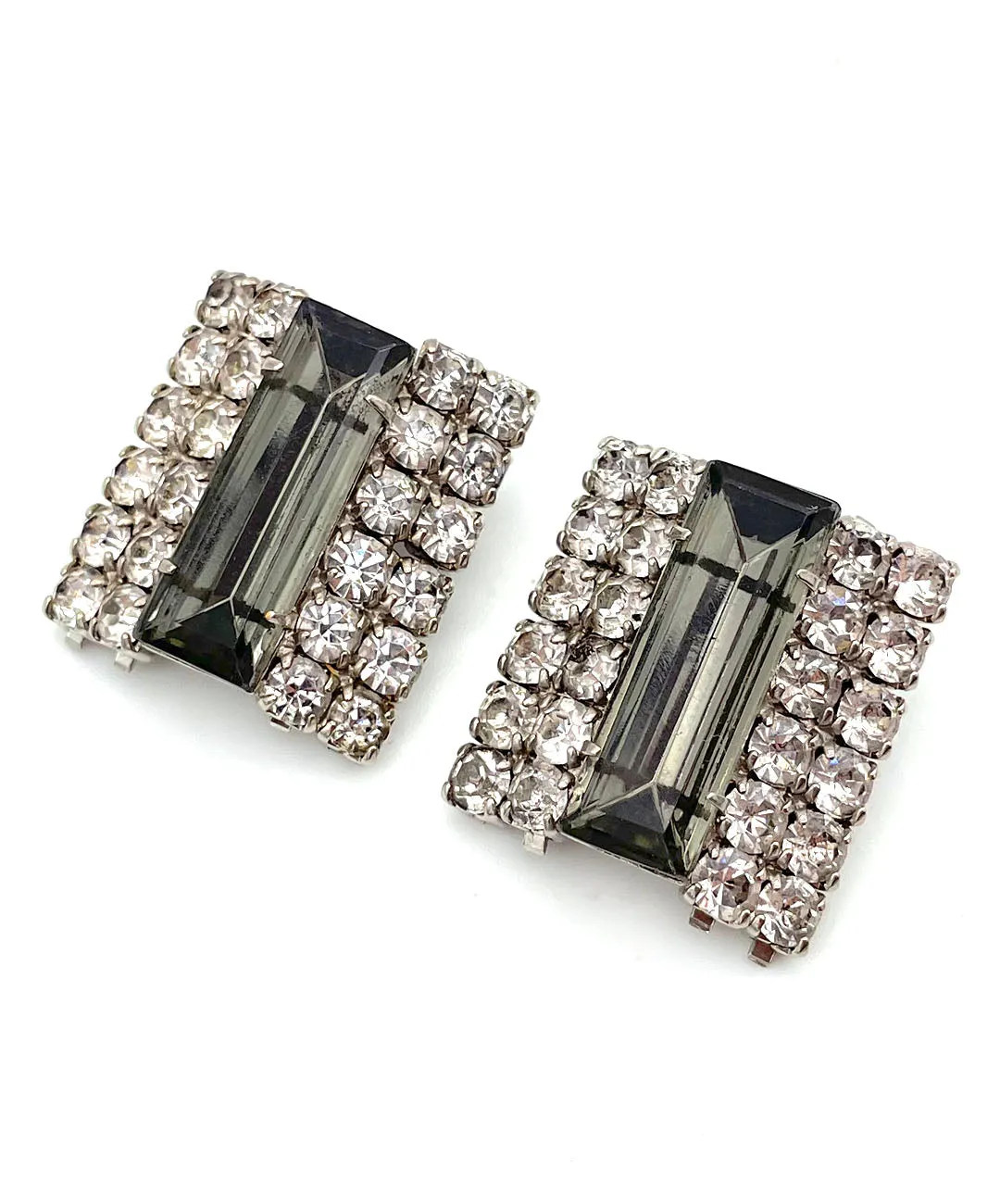 【USA輸入】ヴィンテージ スクエア グレー クリスタル ビジュー イヤリング/Vintage Gray Crystal Bijou Clip On Earrings